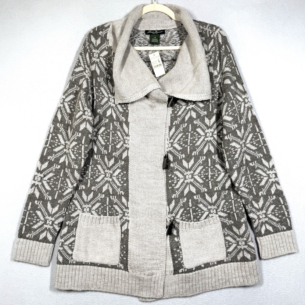 Eddie Bauer Sweater Women Large Wool Blend Toggle Cardigan Southwest Pockets NWT